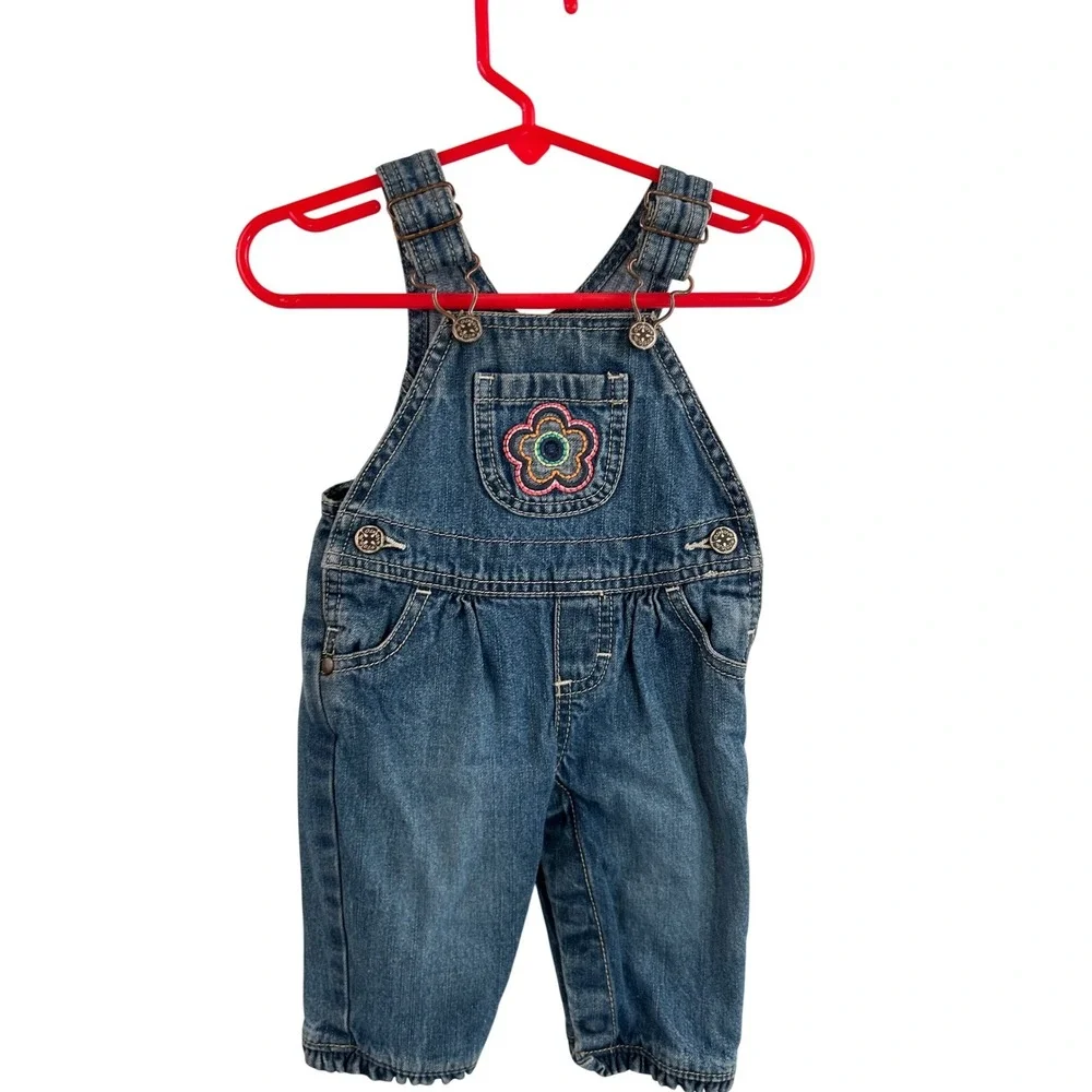 OshKosh B'gosh Denim Overalls 3 Months Flower Embroidered Vestbak Baby Girls